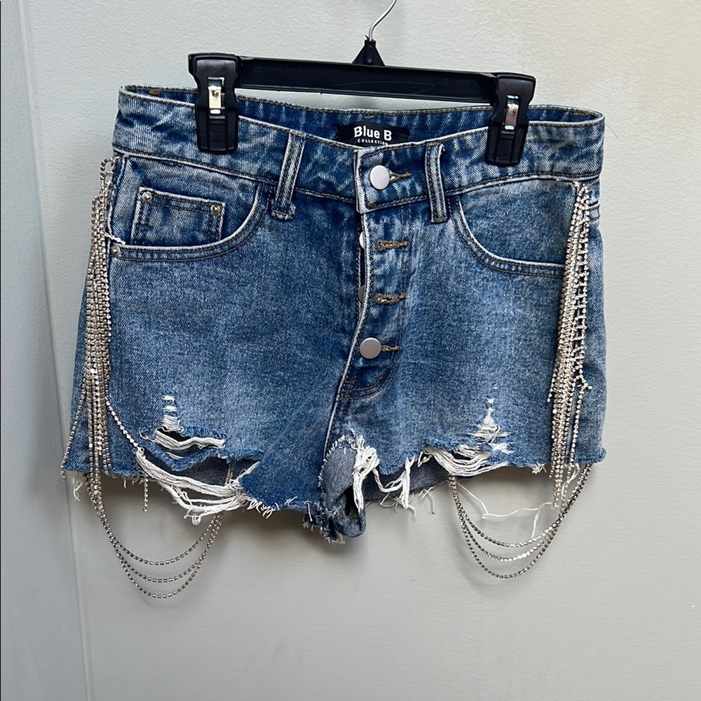 Blue Distressed Jean Shorts with Frayed Edges